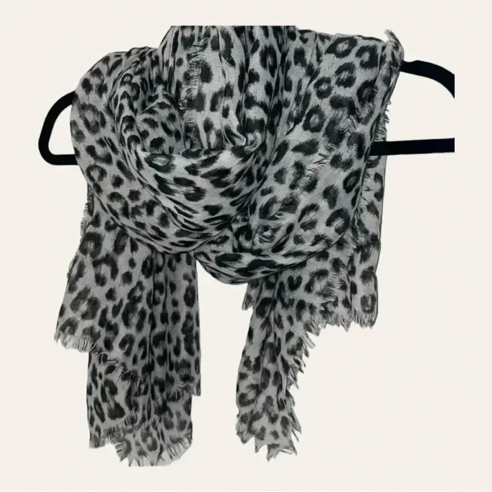 Cozy Leopard Blanket Scarf • Gray/Black Animal Print • Fringed Edges OS